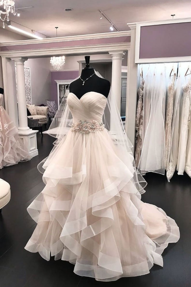 Elegant 2021 Creamy Tulle Sweetheart Wedding Dress Beaded Waistline Bridal Gowns On Sale (ZD17429)