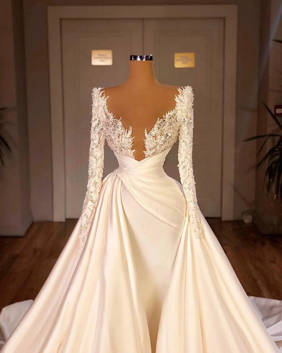 Elegant A-Line Cathedral V-neck Long Wedding Dress With Long Sleeves (ZD14913)