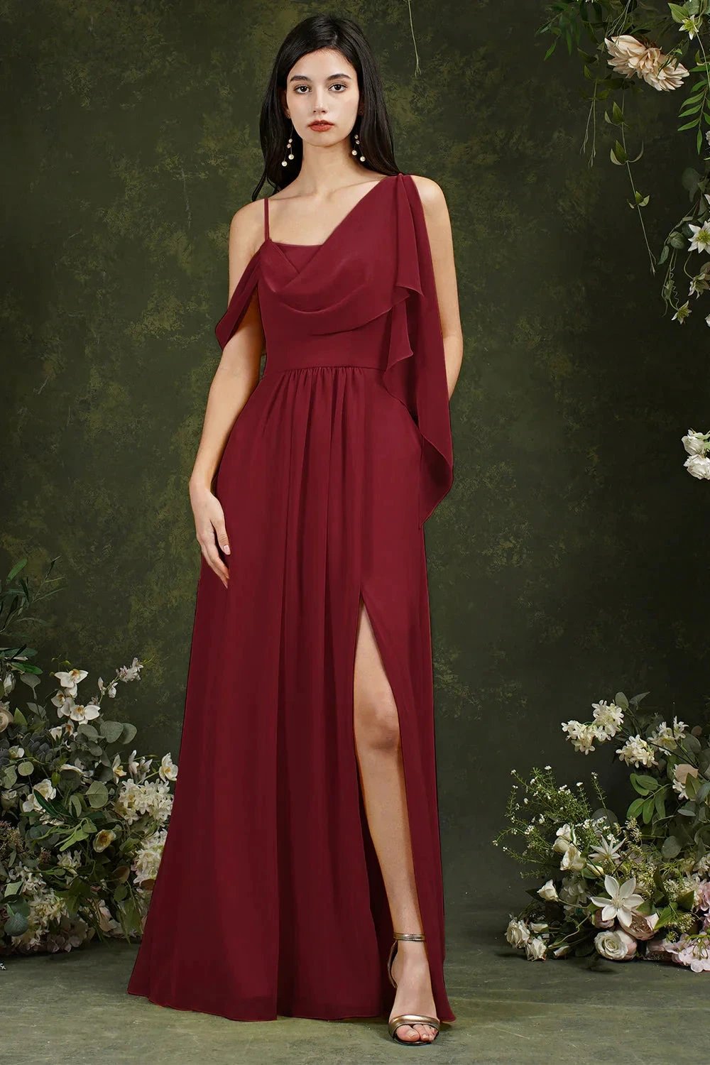 Elegant A-line Chiffon Ruffles Floor-length Split Bridesmaid Dress With Pockets by misshow.com