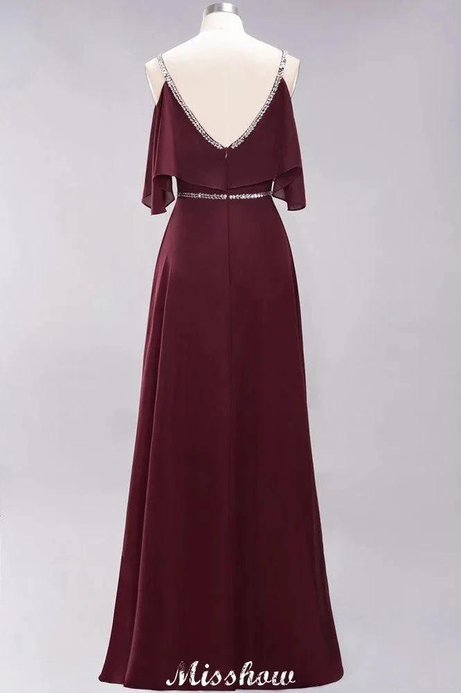 elegant A-line Chiffon V-Neck Spaghetti Straps Sleeveless Floor-Length Bridesmaid Dresses with Beading (ZD12919)