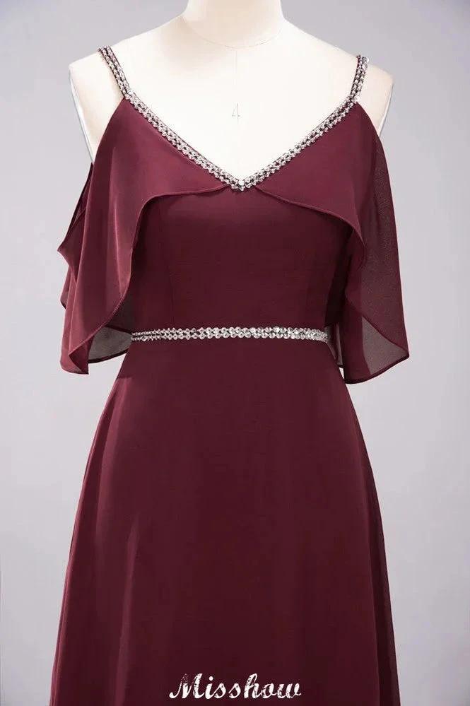 elegant A-line Chiffon V-Neck Spaghetti Straps Sleeveless Floor-Length Bridesmaid Dresses with Beading (ZD12919)