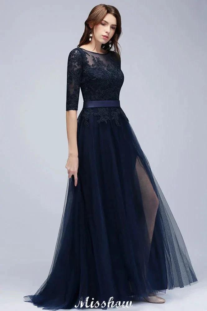 Elegant A-Line Half-Sleeves Lace Appliques Dark Navy Bridesmaid Dresses (ZD12930) - VelvetHem