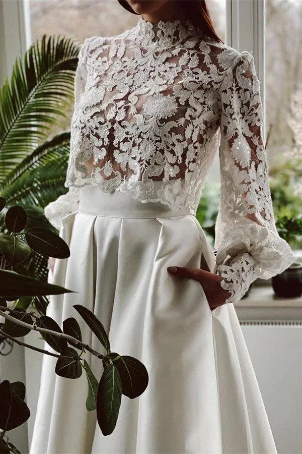 Elegant A-line High Neck Satin Lace Long Sleeves Wedding Dress with Pockets (ZD16712)
