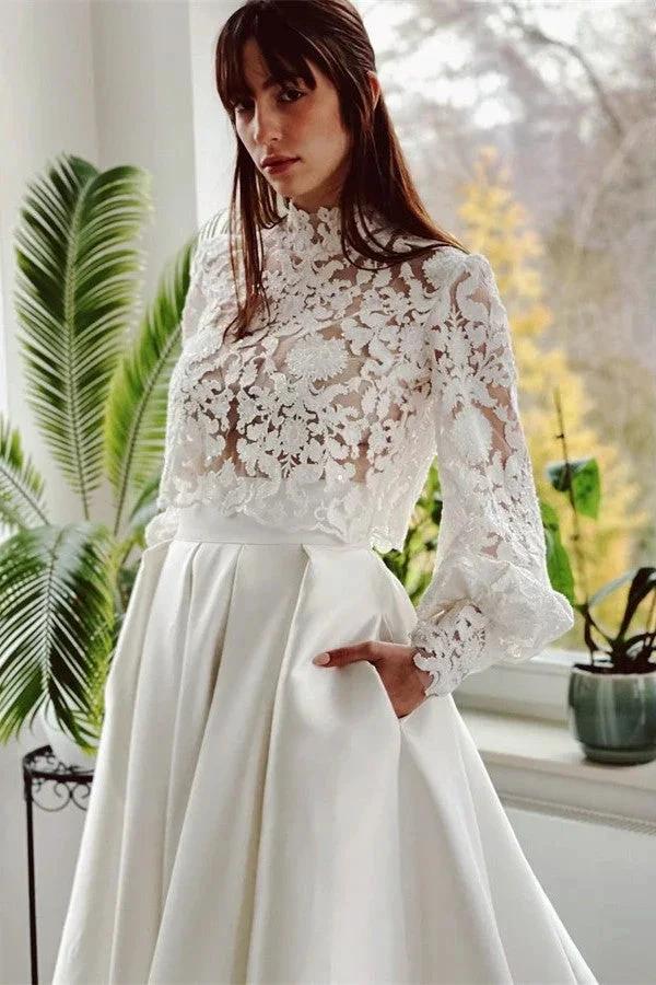 Elegant A-line High Neck Satin Lace Long Sleeves Wedding Dress with Pockets (ZD16712)