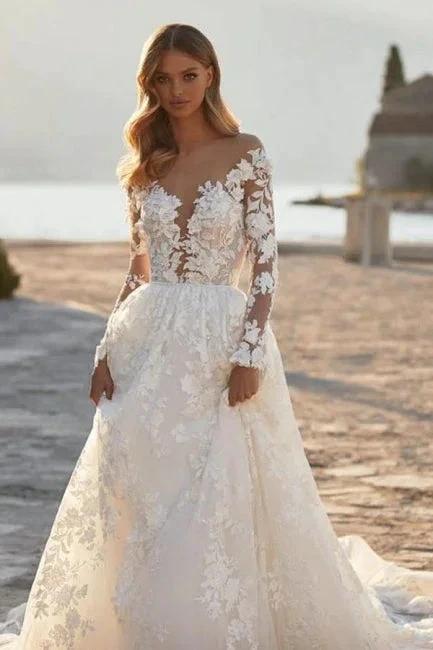 Elegant A-line Lace Appliques Wedding Dresses With Sleeves (ZD14599)