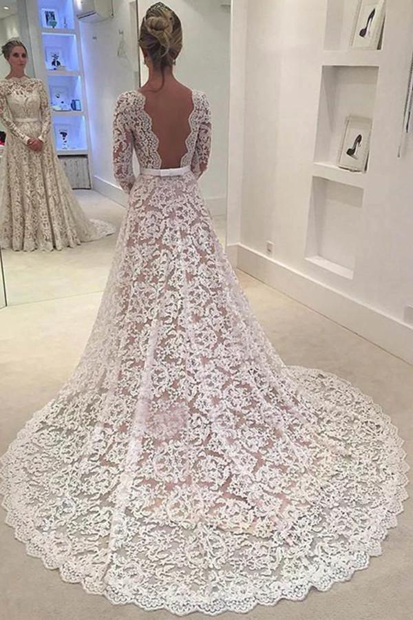 Elegant A-line Lace Backless Wedding Dress With Court Train (ZD16059)
