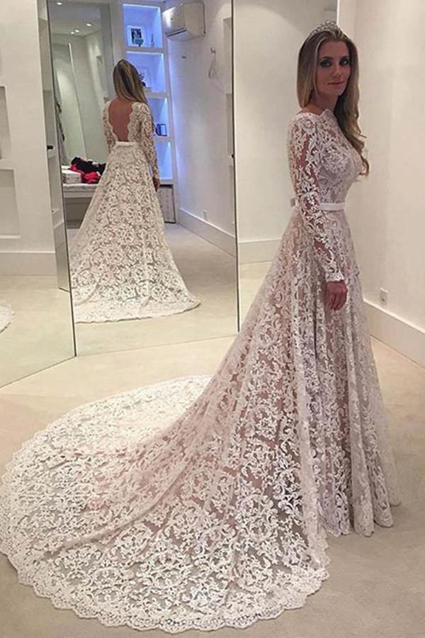 Elegant A-line Lace Backless Wedding Dress With Court Train (ZD16059) - VelvetHem