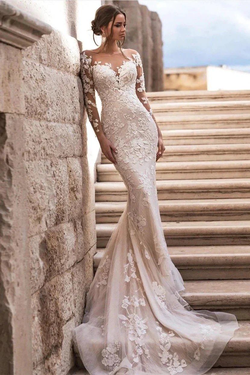 Elegant A-Line Lace Long Sleeves Wedding Dress With Detachable Train (ZD16394)