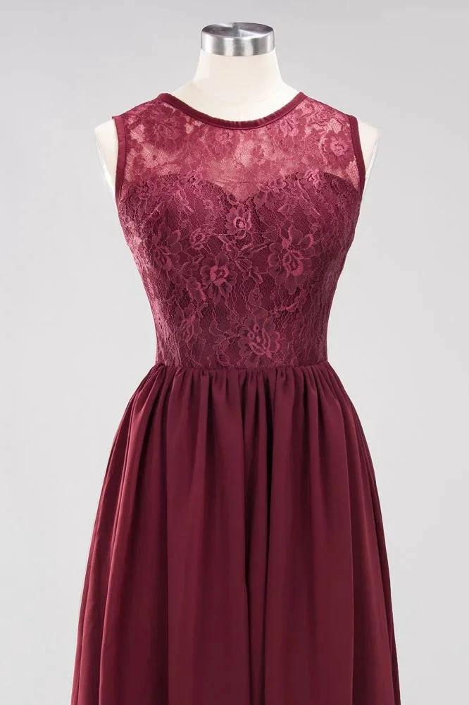 Elegant A-line Lace Sleeveless Bridesmaid Dresses Chiffon Jewel Ruffles Floor-Length Evening Dress with Appliques (ZD13093)