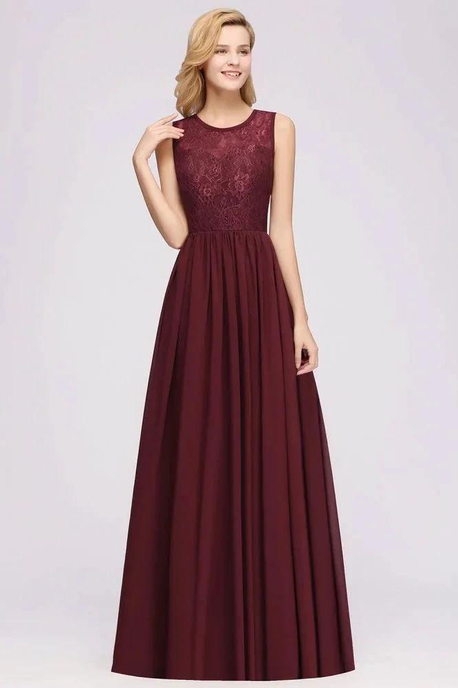Elegant A-line Lace Sleeveless Bridesmaid Dresses Chiffon Jewel Ruffles Floor-Length Evening Dress with Appliques (ZD13093)