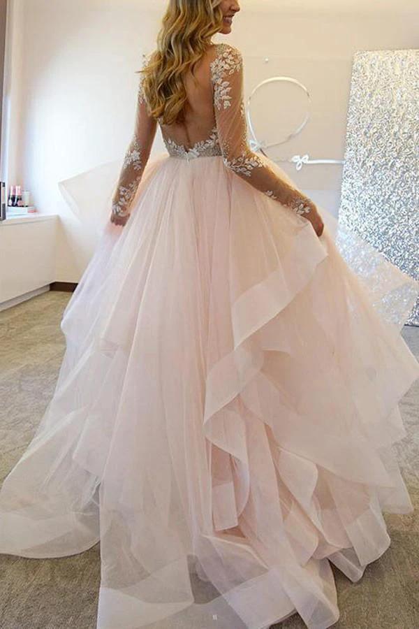 Elegant A-Line Long Sleeves Tulle Wedding Dresses With Appliques (ZD16289) - VelvetHem