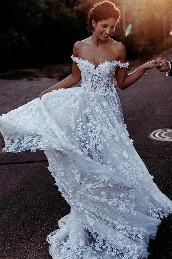 Elegant A-Line Off Shoulder White Tulle Wedding Dress with Appliques (ZD15380) - VelvetHem