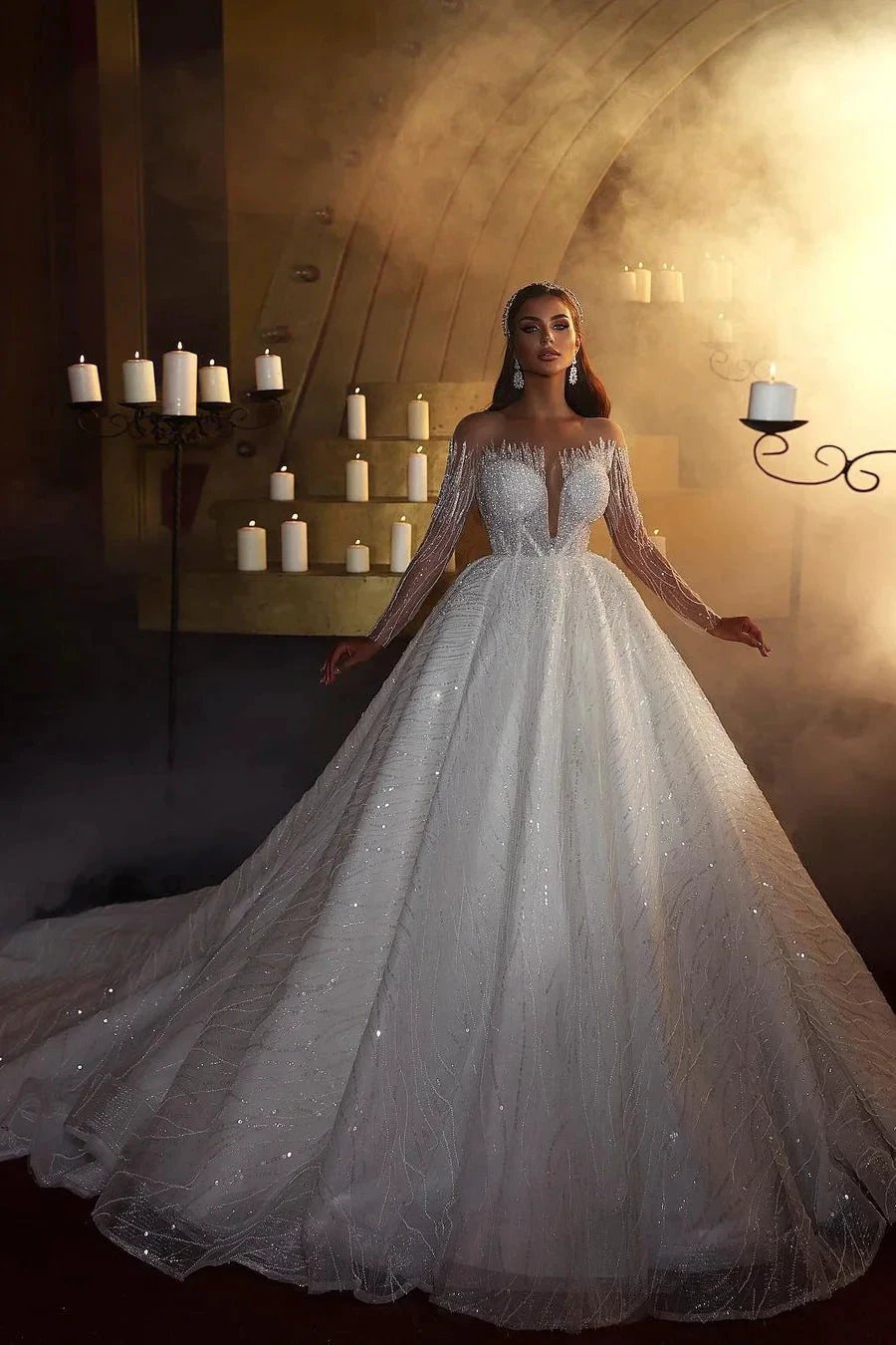Elegant A-line Off-the-shoulder Long Sleeves V-neck Wedding Dress With Lace (ZD16554) - VelvetHem