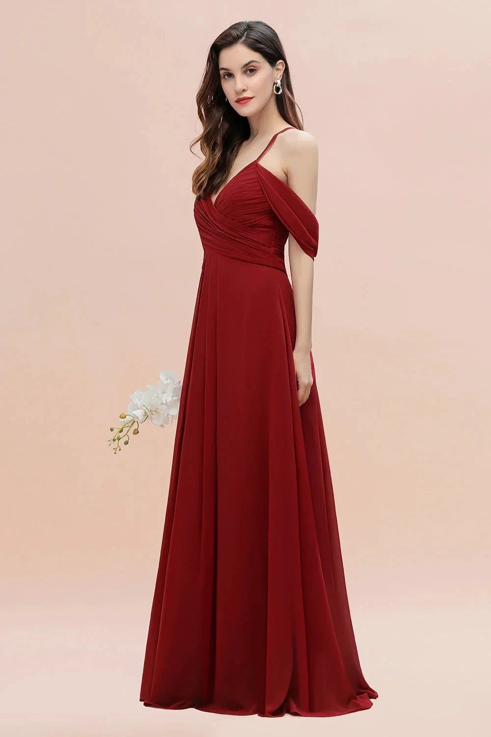 Elegant A-line Off-the-Shoulder V-neck Ruched Long Bridesmaid Dress (ZD12874)