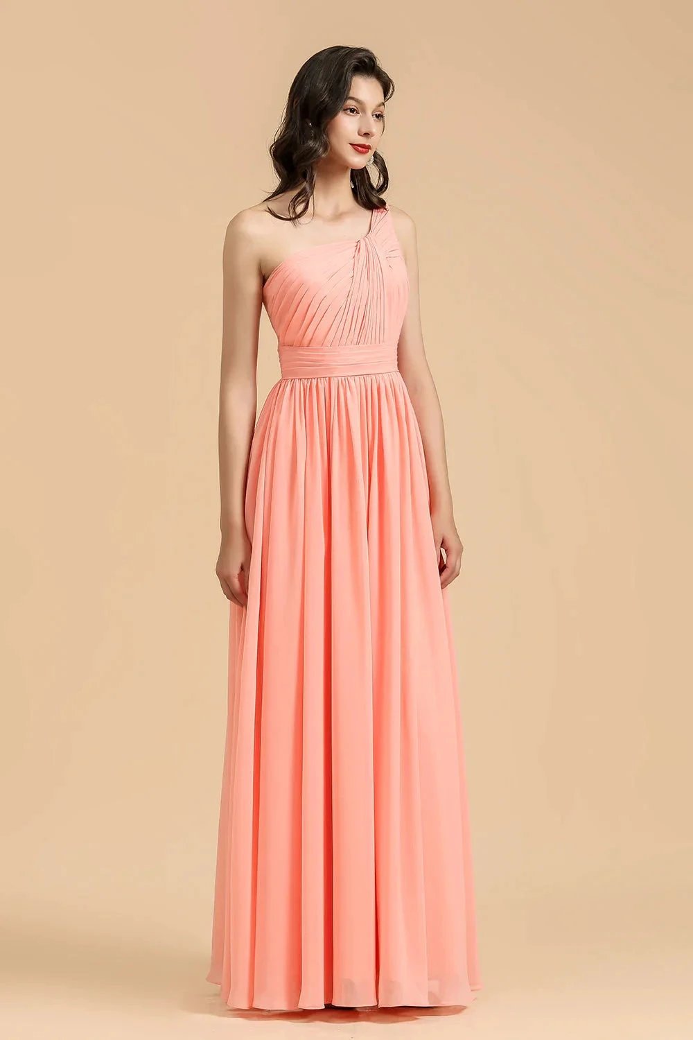 Elegant A-line One Shoulder Coral Chiffon Long Bridesmaid Dress (ZD12869)