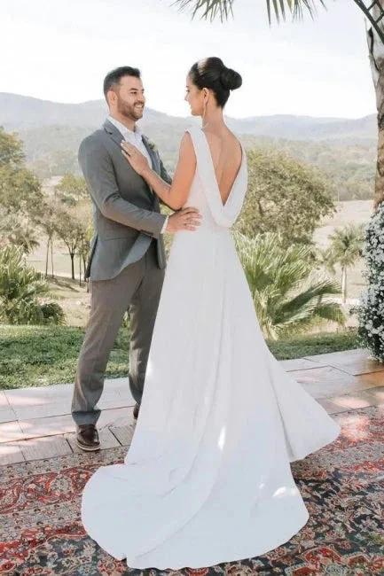 Elegant A-Line Satin Sleeveless White Wedding Dress With Train (ZD16637)