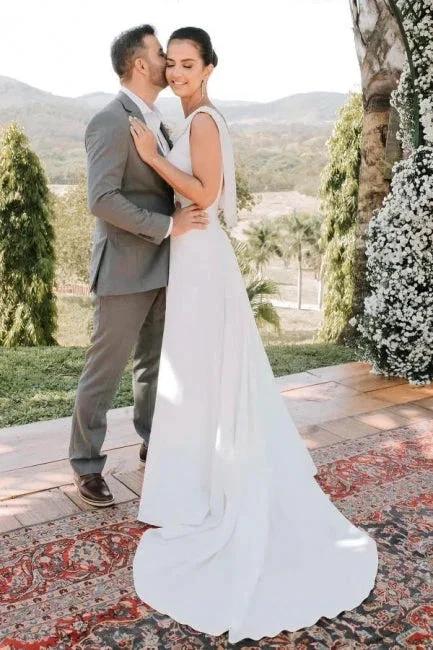 Elegant A-Line Satin Sleeveless White Wedding Dress With Train (ZD16637)