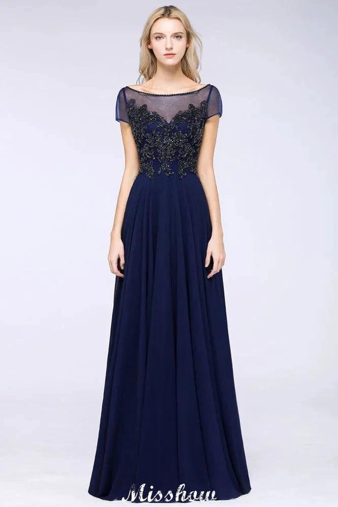 Elegant A-Line Short Sleeve Appliques Beads Bridesmaid Dresses Floor-Length Evening Dress (ZD12886)