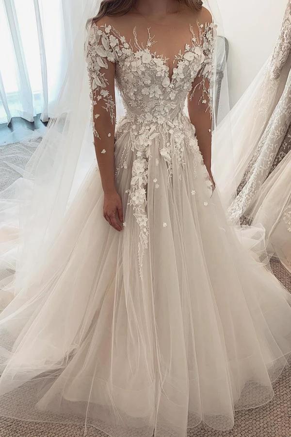 Elegant A-Line Sweetheart Long Sleeve Appliques Lace Tulle Wedding Dress (ZD15052) - VelvetHem