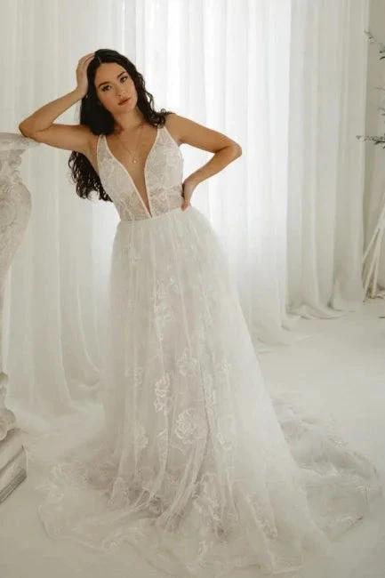 Elegant A-line V-Neck Sleeveless Wedding Dresses With Lace (ZD14613) - VelvetHem