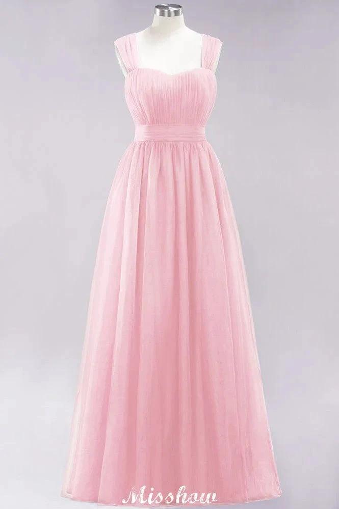 Elegant aline Sleeveless Tulle Evening Maxi Gown Burgundy Straps Bridesmaid Dress by misshow.com
