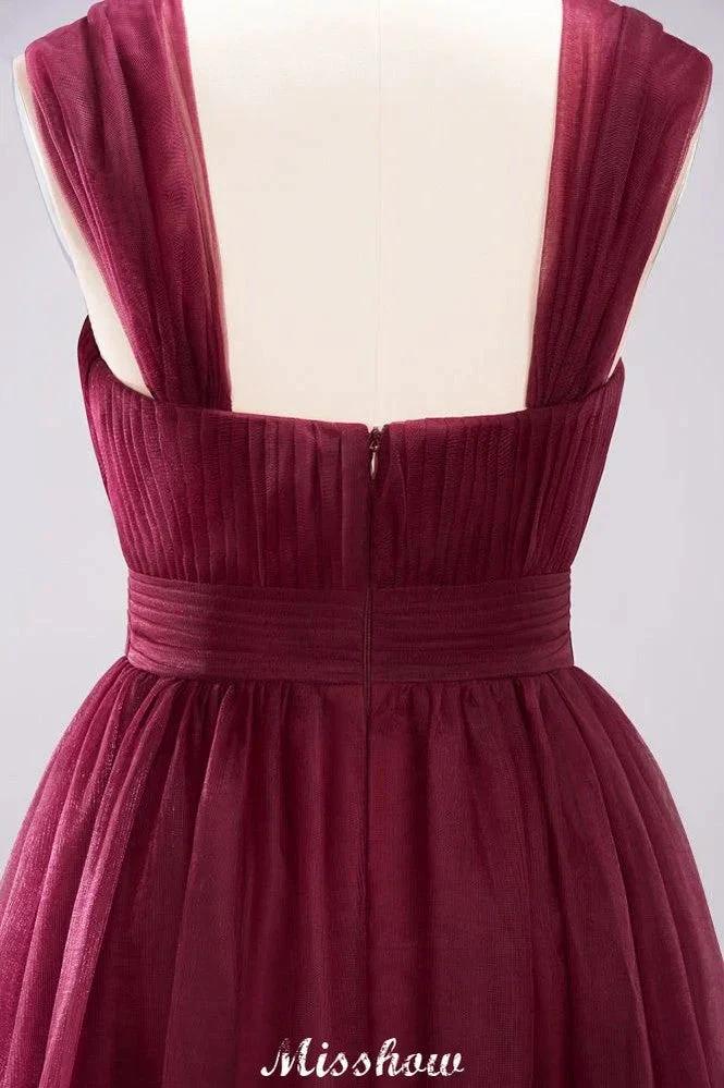 Elegant aline Sleeveless Tulle Evening Maxi Gown Burgundy Straps Bridesmaid Dress (ZD12913)