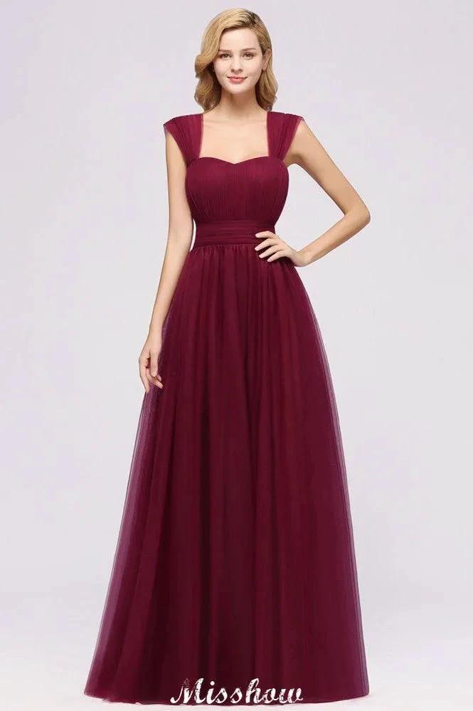 Elegant aline Sleeveless Tulle Evening Maxi Gown Burgundy Straps Bridesmaid Dress by misshow.com