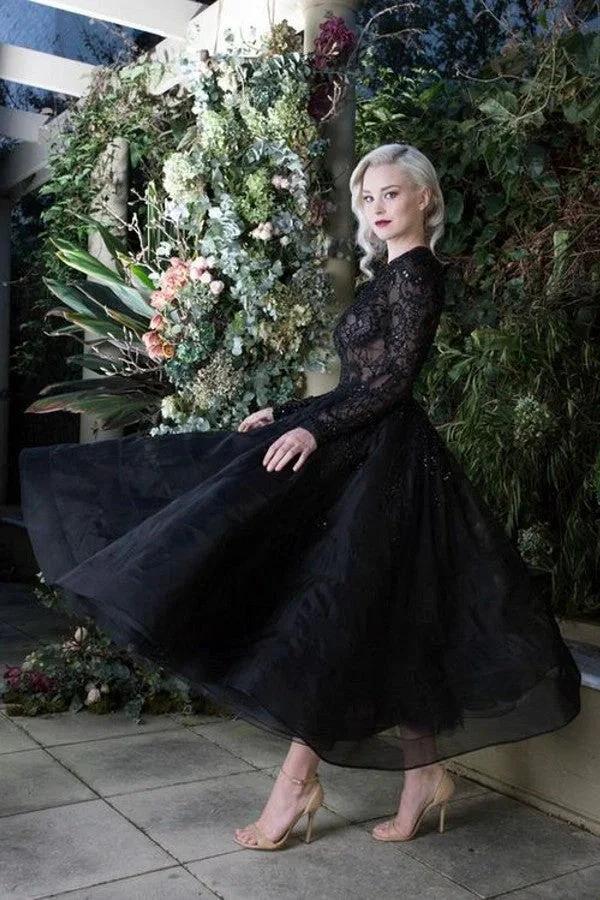 Elegant Black Bateau Appliques Lace Short Wedding Dress with Sleeves (ZD15123) - VelvetHem