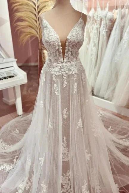 Elegant Boho V-neck A-line Spaghetti Straps Backless Wedding Dress with Lace (ZD15587) - VelvetHem