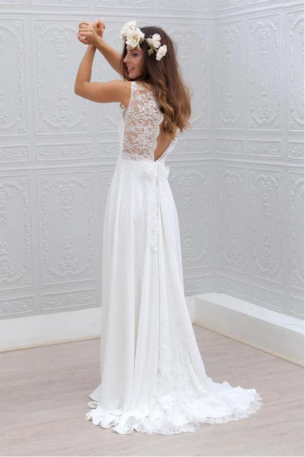 Elegant Bowknot Chiffon V-Neck Lace Sleeveless White Wedding Dress (ZD15474)