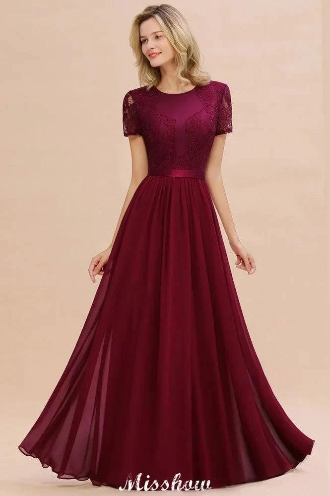 Elegant Chiffon Lace Jewel Short Sleeves Floor-Length A-Line Bridesmaid Dress (ZD12936)