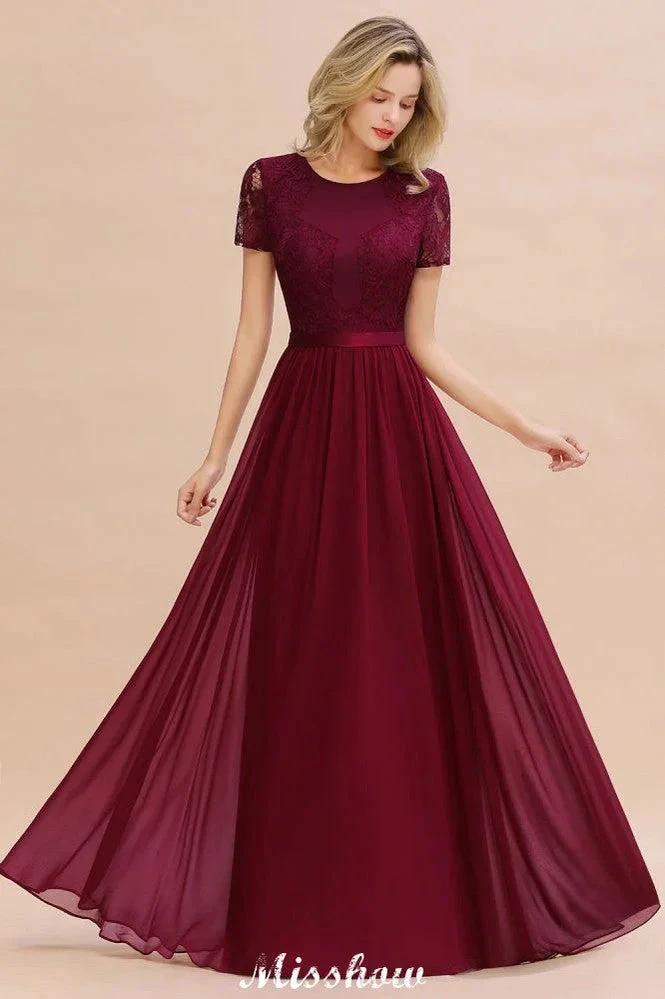 Elegant Chiffon Lace Jewel Short Sleeves Floor-Length A-Line Bridesmaid Dress by misshow.com