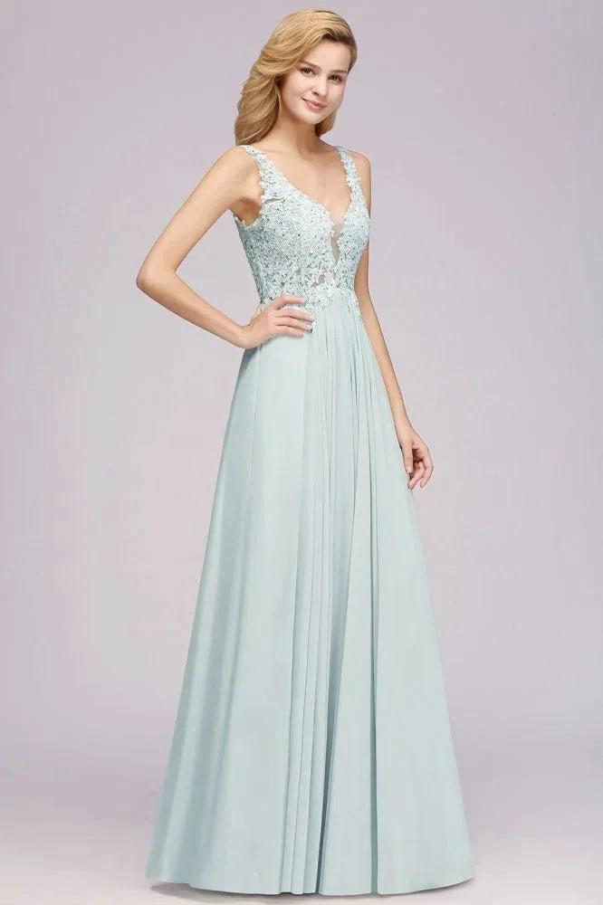 Elegant Chiffon Lace V-Neck Sleeveless Floor-Length A-Line Bridesmaid Dress with Beadings (ZD13124)