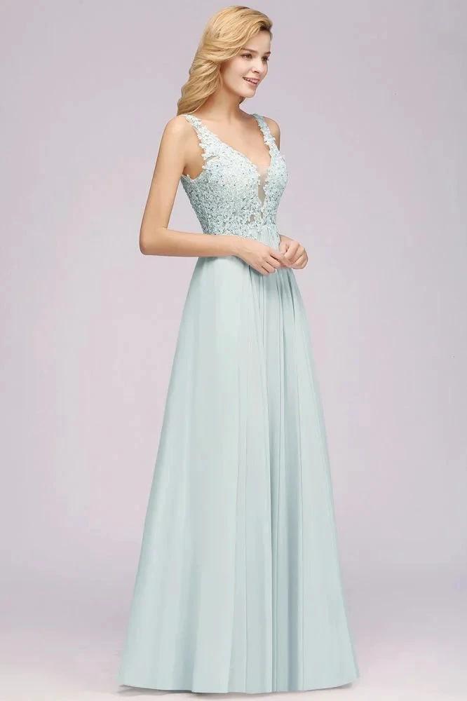 Elegant Chiffon Lace V-Neck Sleeveless Floor-Length A-Line Bridesmaid Dress with Beadings (ZD13124)