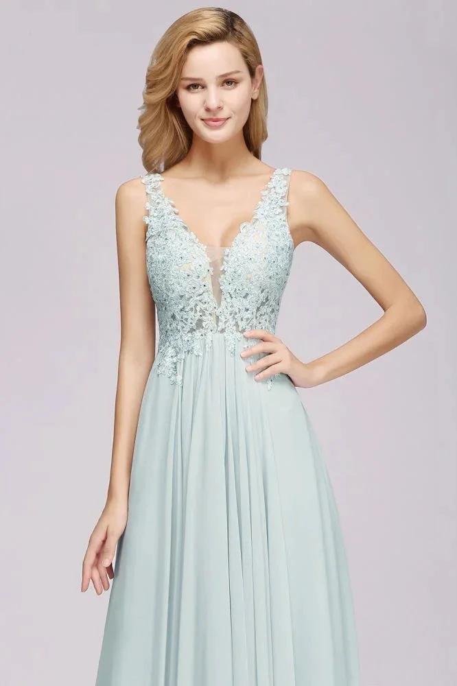 Elegant Chiffon Lace V-Neck Sleeveless Floor-Length A-Line Bridesmaid Dress with Beadings (ZD13124)