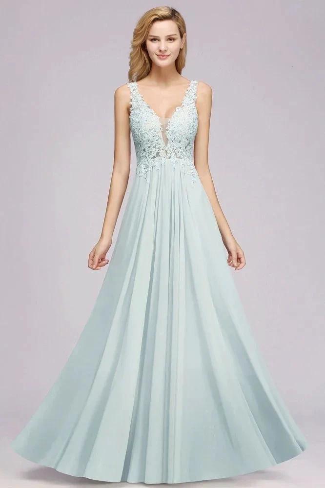 Elegant Chiffon Lace V-Neck Sleeveless Floor-Length A-Line Bridesmaid Dress with Beadings by misshow.com