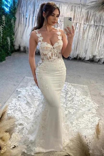 Elegant Column Lace Spaghetti Straps Sleeveless White Wedding Dress With Appliques Train (ZD15525) - VelvetHem