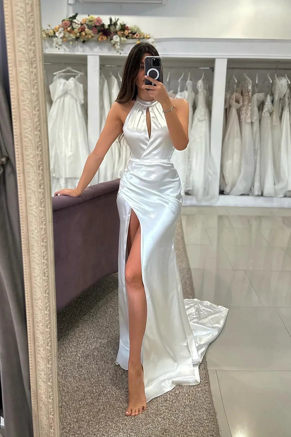 Elegant Column Satin Halter Sleeveless White Wedding Dresses With Ruffles Split Front (ZD15533) - VelvetHem