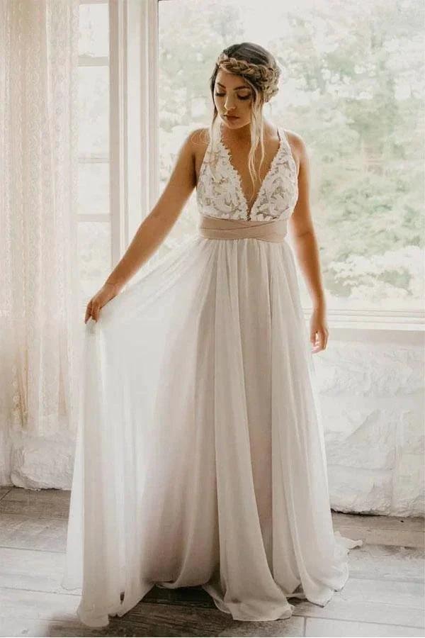 Elegant Criss Cross Deep V-Neck Wedding Dress with Waistband (ZD16010) - VelvetHem