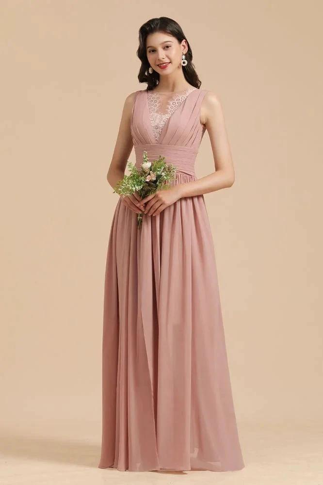 Elegant Dusty Pink Sleeveless Floral Lace Bridesmaid Dress Side Split Party Dress (ZD13095) - VelvetHem