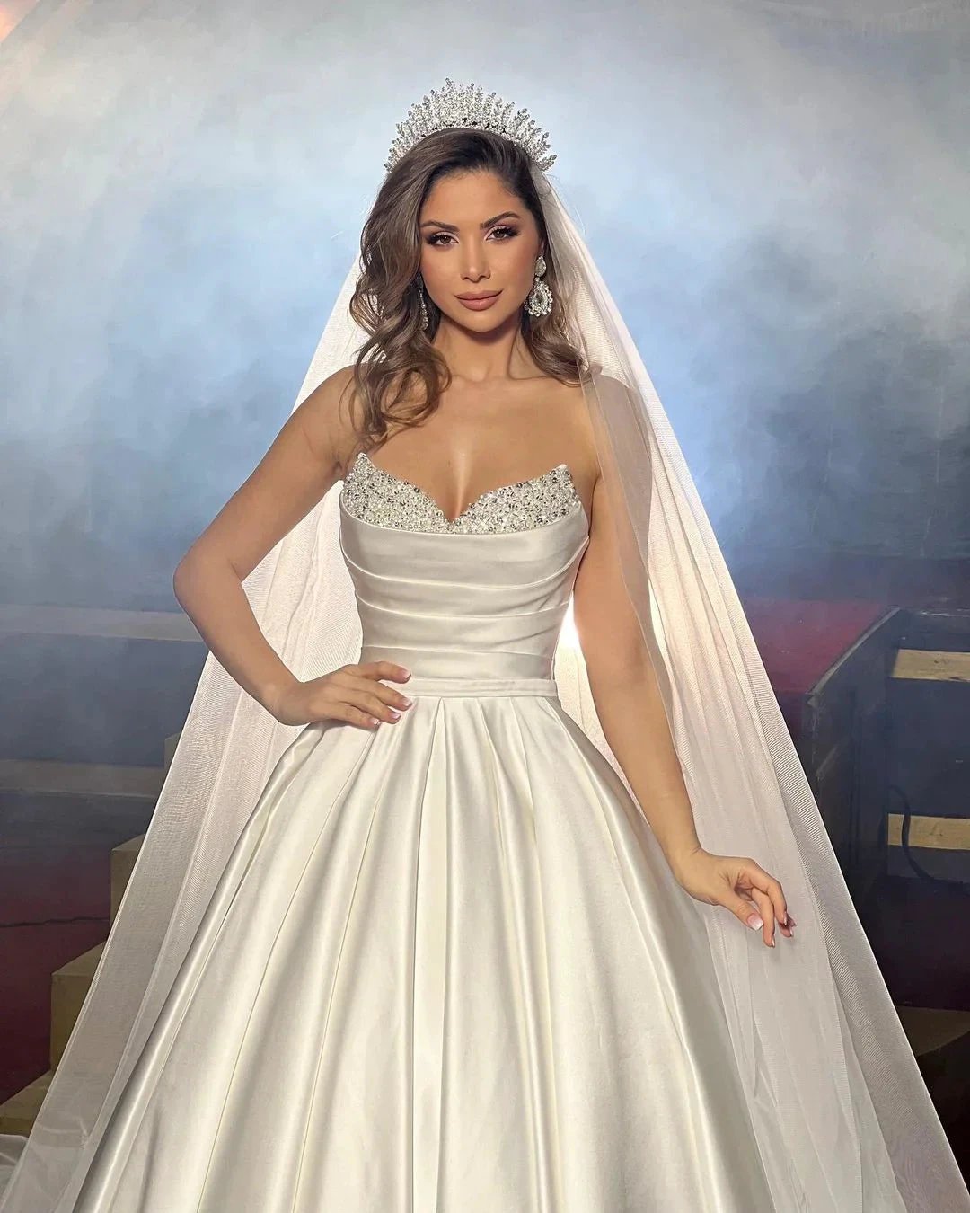 Elegant FloorLength Sleeveless A Line Satin Wedding Dress With Beads (ZD14826)