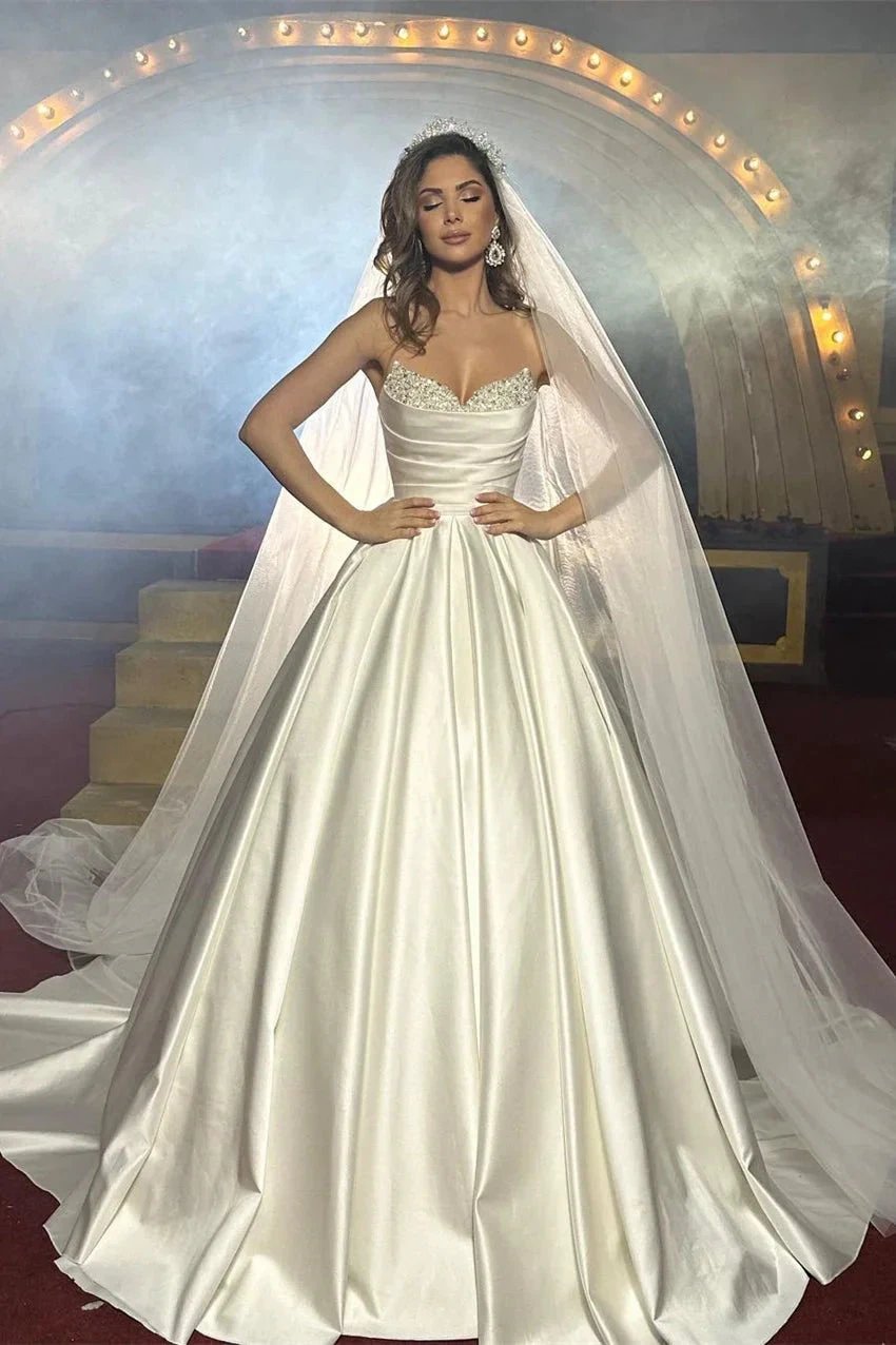 Elegant FloorLength Sleeveless A Line Satin Wedding Dress With Beads (ZD14826)