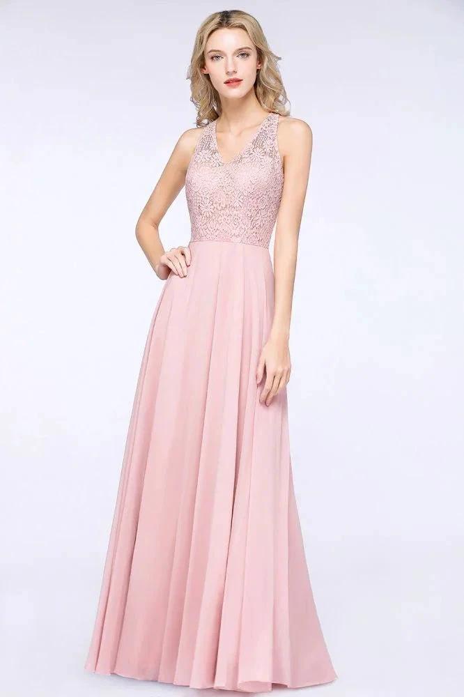 Elegant Floral Appliques aline Bridesmaid Dress Dusty Pink Chiffon FloorLength Formal Dress (ZD13121) - VelvetHem