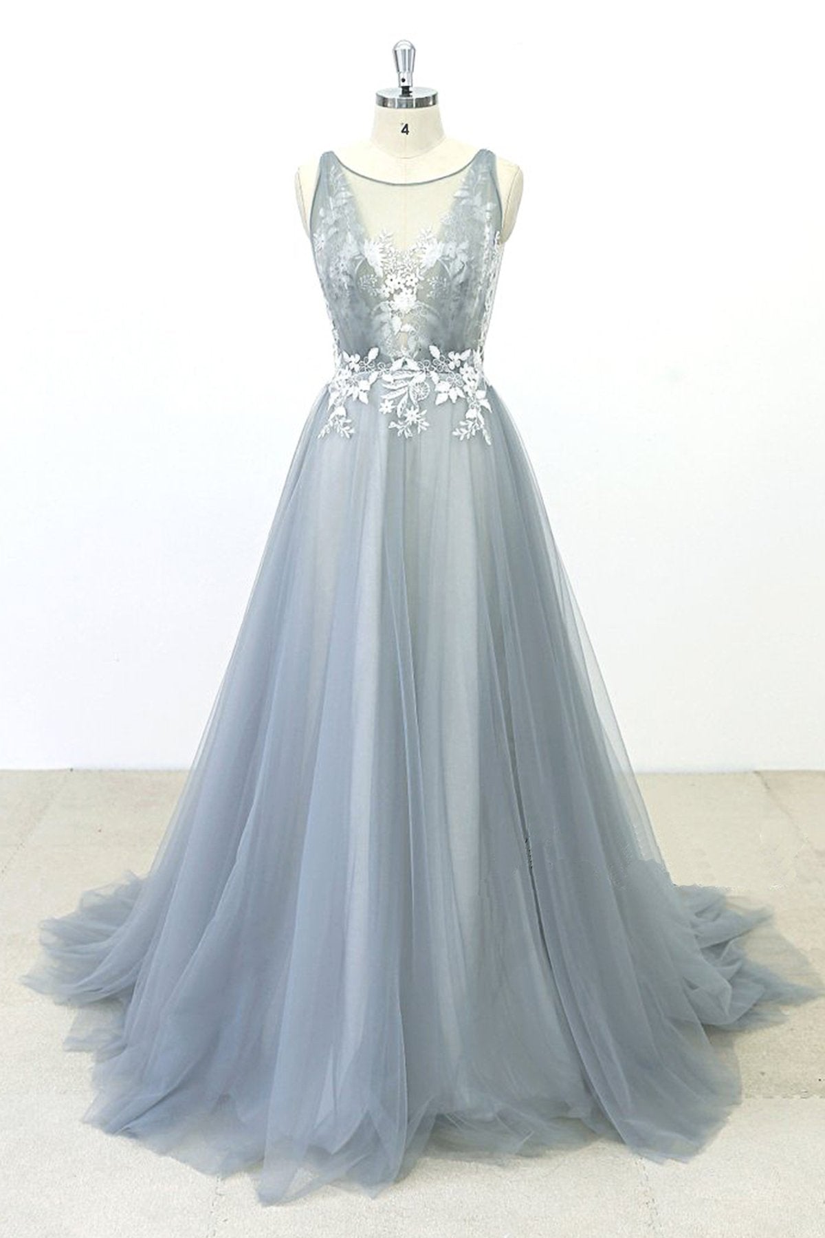 Elegant Gray Tulle Round Neck Beach Wedding Dress Jewel Sweep Train Bridal Gowns On Sale (ZD17450) - VelvetHem