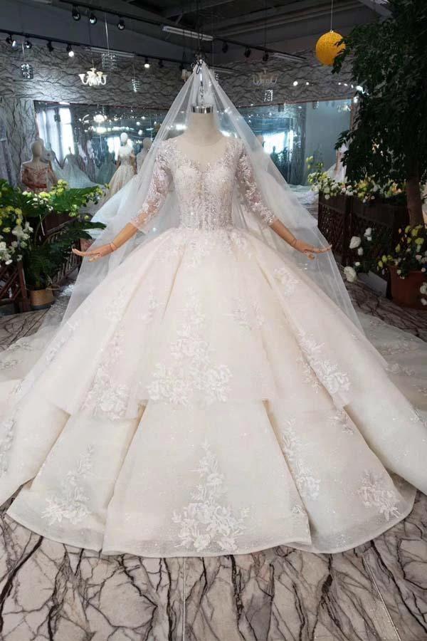 Elegant Half Sleeves Ball Gown Lace Layer Wedding Dress (ZD15353) - VelvetHem