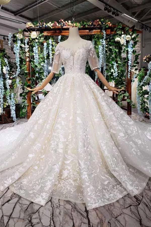 Elegant Half Sleeves Ball Gown Lace Sweetheart Wedding Dress (ZD15354) - VelvetHem