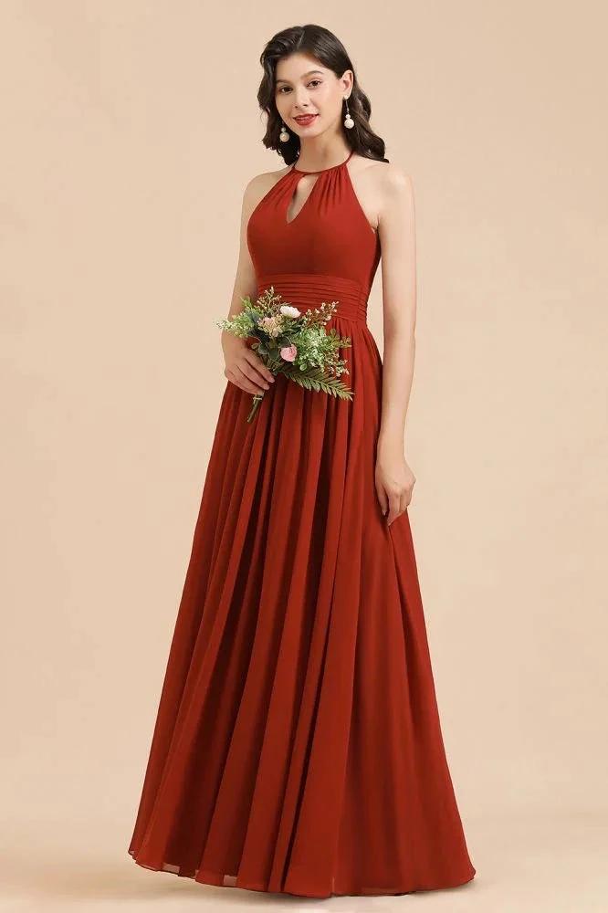Elegant Halter Aline Chiffon Bridesmaid Dress Sleeveless Floor Length Wedding Party Dress by misshow.com