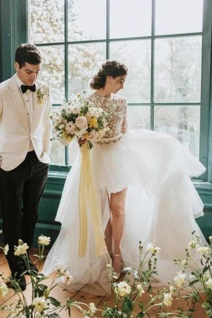 Elegant Hi-lo Lace Tulle Wedding Dresses With Long Sleeves (ZD14530)