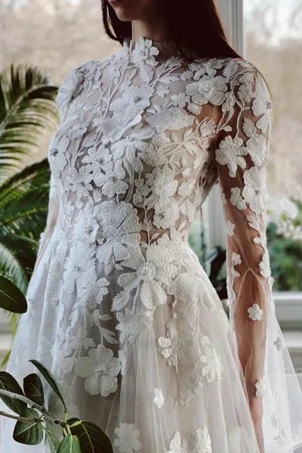 Elegant High Collar Long Sleeves A-Line Lace Wedding Dress with Chapel Train (ZD14893)