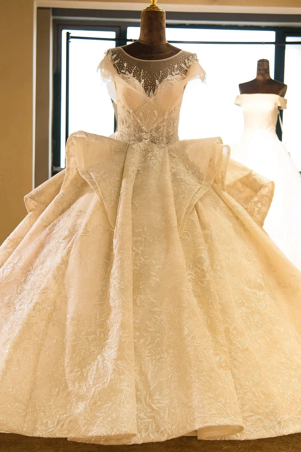 Elegant Illusion neck Cap Sleeve Appliques Tulle A-line Princess Wedding Dress by misshow.com